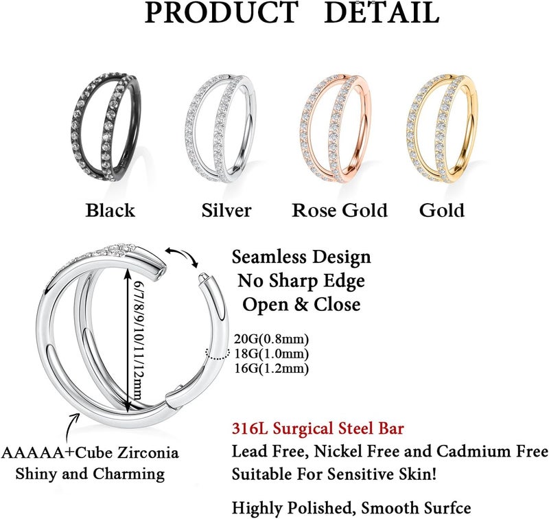 FUNLMO Store 316L Surgical Steel Nose Hoop Septum Conch Piercing Jewelry Cartilage Daith Helix Tragus Rook Lobe Earring Triple/Double Nose Lip Ring 20G 18G 16G - Image 2